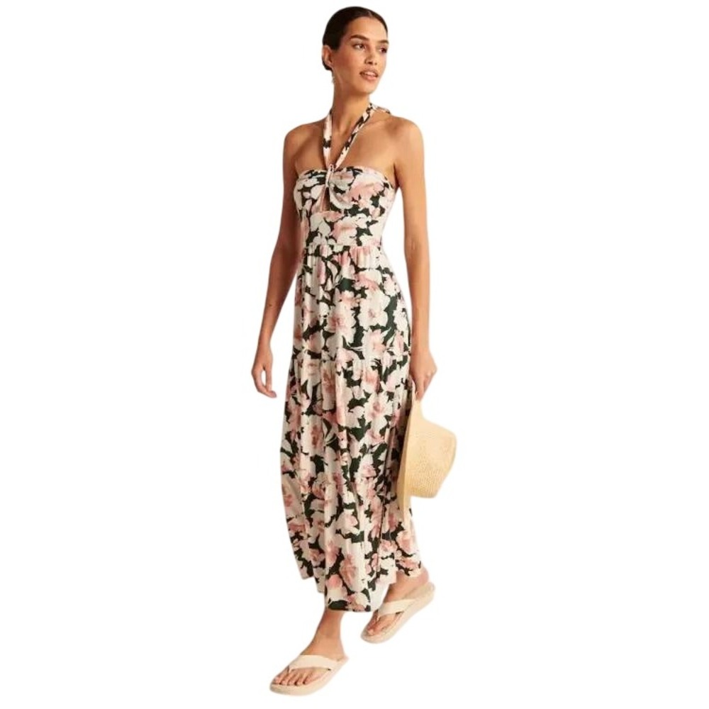 ABERCROMBIE & FITCH Floral Linen Blend Halter Maxi Dress Green Small Tall $130